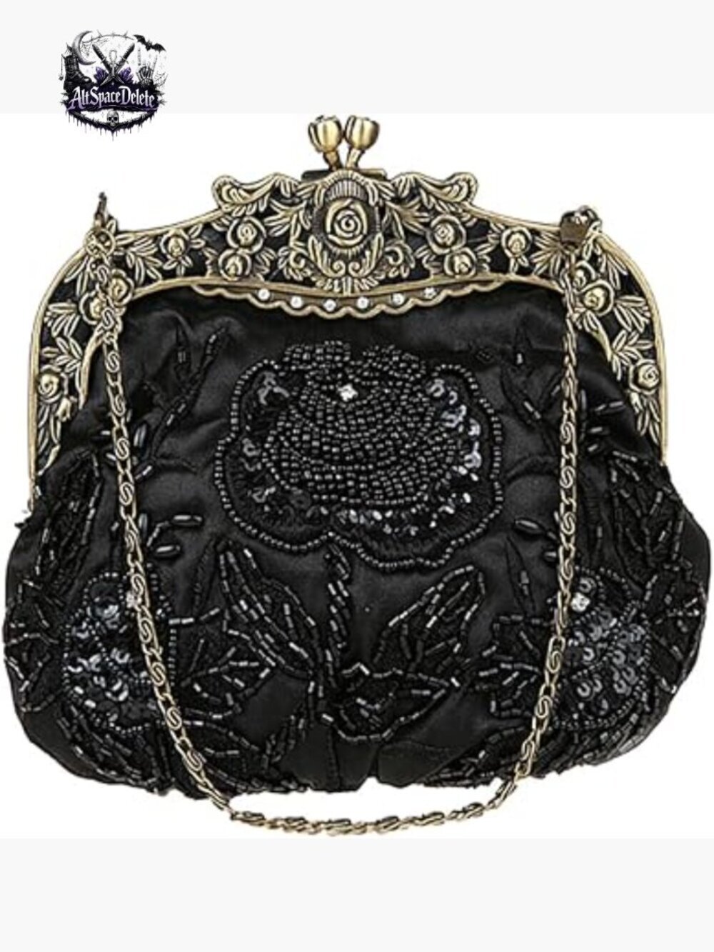 Vintage Beaded Sequin Clutch Evening Bag with Detachable Chain